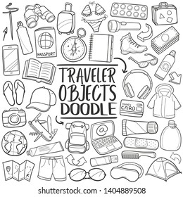 Travel Objects. Tourism Set Luggage. Traditional Doodle Icons Sketch Hand Made Design Vector. 