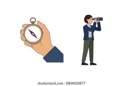 A travel and observation vector set with a hand holding a compass and a person using binoculars.