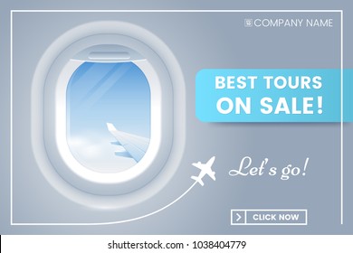 Travel offer banner concept with porthole airplane. Best tours on sale. Vacation banner ad. Vector illustration. Applicable for voucher,ticket, flyer. Eps 10