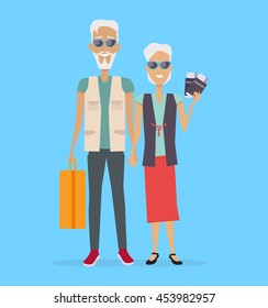 Travel in old age vector concept. Flat design. Elderly couple with baggage and documents going on journey. Grandparents summer vacation. Picture for travel agency ad, recreation retired illustrating.