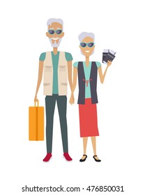 Travel in old age vector concept. Flat design. Elderly couple with baggage and documents going on journey. Grandparents summer vacation. Picture for travel agency ad, recreation retired illustrating.