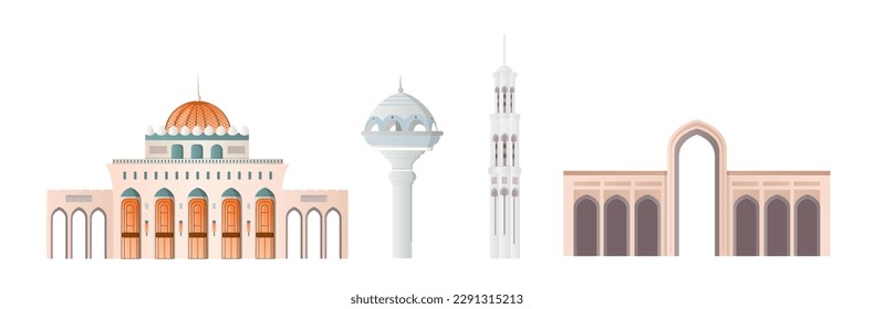 Travel to Oman. Collection of traditional oriental buildings. Architecture and historical building exterior, facade. Muscat city. Cartoon flat vector illustrations isolated on white background