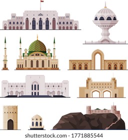 Travel to Oman, Muscat City Historical Building Collection, Famous Landmarks Flat Vector Illustration