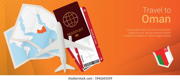 Travel to Oman pop-under banner. Trip banner with airplane tickets, boarding pass and passport with map and flag of Oman. Vector template.