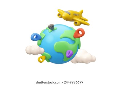 Travel on airplane around the Earth icon. International tourism vector 3d illustration. Globe with clouds and pin locators, yellow plane flying. Express delivery concept