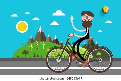 Travel on Bike. Man on Bicycle. Nature Landscape Vector Flat Design Illustration.