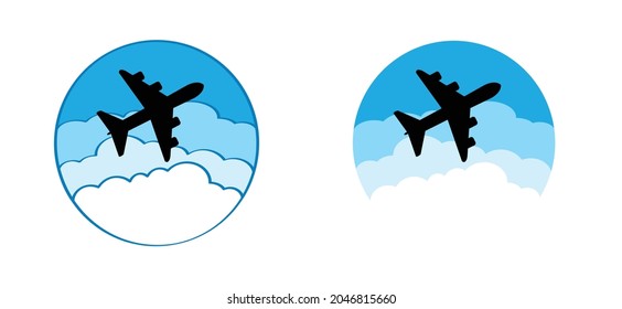 Travel on blue sky or clouds logo. Airplane flying route with cloud icon. Air plane line path of air plane flight. Vector fly location pictogram. For happy vacation, holliday and tourism.