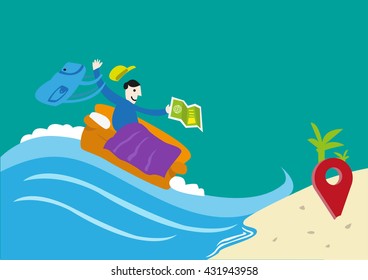 Travel on a Budget or Couchsurfing concept. A traveler on a couch arrives in a location he wishes. Editable Clip Art.