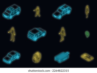 Travel on car icons set. Isometric set of travel on car vector icons neon color on black