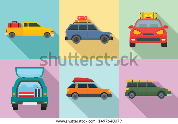 Travel on car icons set. Flat set of travel on car\
vector icons for web\
design