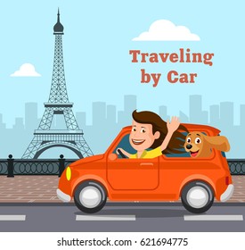 Travel on the car, a vector illustration flat style.