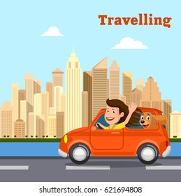 Travel on the car, a vector illustration flat style.