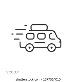 travel on microbus icon, bus tour, minibus for tourism, thin line web symbol on white background - editable stroke vector illustration eps 10