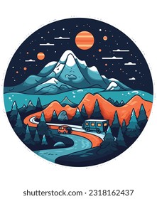 Travel on the mountain at night illustration