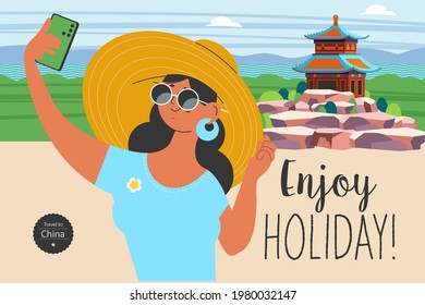 Travel on vacation and take selfies in the background of the sights. Enjoy holiday. Vector illustration.