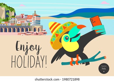Travel on vacation and take selfies in the background of the sights. Enjoy holiday. Vector illustration.