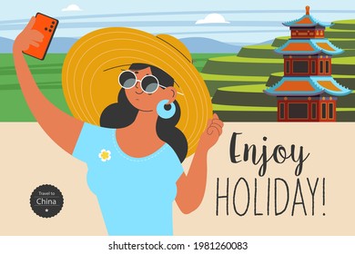 Travel on vacation and take selfies in the background of the sights. Enjoy holiday. Vector illustration.
