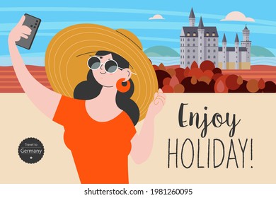 Travel on vacation and take selfies in the background of the sights. Enjoy holiday. Vector illustration.