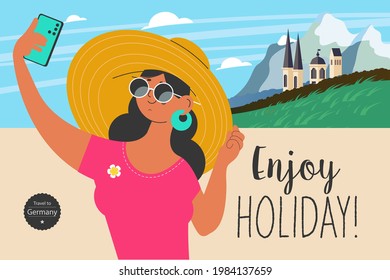 Travel on vacation and take selfies in the background of the sights. Enjoy holiday. Vector illustration.