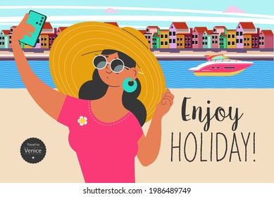 Travel on vacation and take selfies in the background of the sights. Enjoy holiday. Vector illustration.