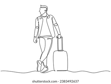 Travel one continuous line drawing. People with suitcase. Vector illustration isolated. Minimalist design handdrawn.