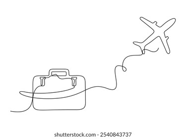 Viaja una línea continua de dibujo. Avión con maleta. Aislado sobre fondo blanco. Diseño minimalista dibujado a mano. Ilustración vectorial