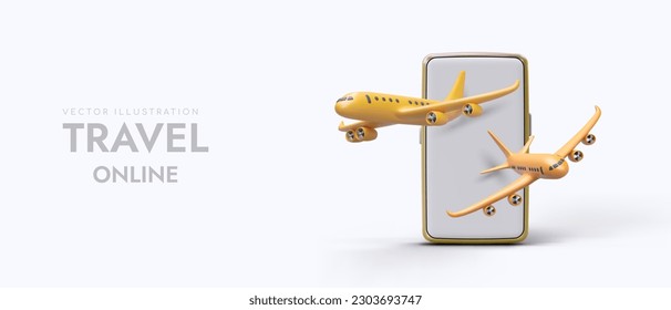 Travel online. 3D planes take off from smartphone screen. Application for booking air tickets. Flight information. Advertising horizontal template on light background for web design, social networks