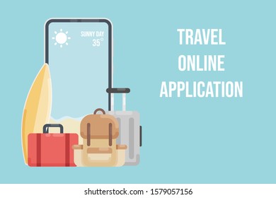 Travel online application. Vector travel mobile app with smartphone, surfboard, luggage in flat style vector. Vector concept.