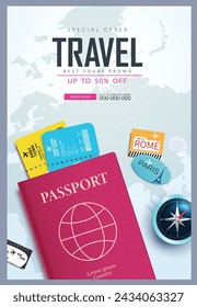 Travel online book vector poster design. Summer travel special offer discount promo with passport and ticket elements for online booking website advertisement. Vector illustration travel and tours 