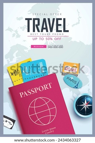 Travel online book vector poster design. Summer travel special offer discount promo with passport and ticket elements for online booking website advertisement. Vector illustration travel and tours 