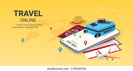 Travel. Online booking service app on the smartphone . Travel online ticket. Mobile Application. Trip planning. travel equipment and luggage. Concept for website or mobile app. vector illustration