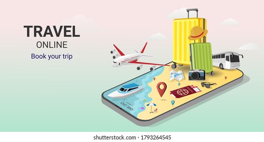 Travel. Online booking service app on the smartphone . Travel online ticket. Mobile Application. Trip planning. Travel equipment and luggage. Concept for website or mobile app. vector illustration