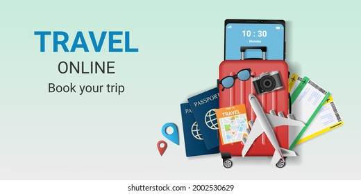 Travel. Online booking service app on the smartphone . Travel online ticket. Trip planning.Travel to World. travel equipment and luggage. Concept for website or mobile app. vector illustration