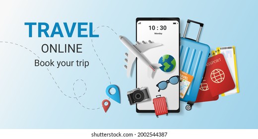 Aplicación de servicio de reservas online de viajes en el smartphone con equipo de viajes y equipaje
por Internet e-commerce.Planificación de viajes.Concepto de aplicación de turismo y reserva.Uso para la ilustración web.vector