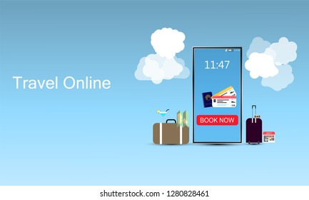 Travel Online Design Template, E-Ticket Concept, Booking Ticket on SmartPhone, Used For InfoGraphic, Web advertising, Vector Illustration