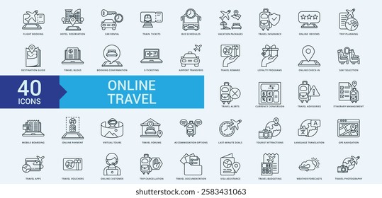 Travel online icon collection set with flight booking, car rental, train tickets, bus schedules, travel insurance