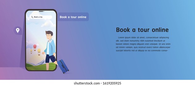 Travel online,Book your trip on mobile phone,concept You can travel around the world with a single mobile phone.