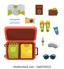 Travel open suitcase with different things to vacation. men's summer wardrobe. Isolated on white background. Vector stock illustration