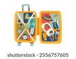 Travel opened suitcase isolated on white. Concept of travel, vacation, business trip. Vector hand drawn top view illustration in flat style.