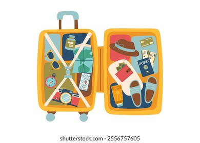 Travel opened suitcase isolated on white. Concept of travel, vacation, business trip. Vector hand drawn top view illustration in flat style.