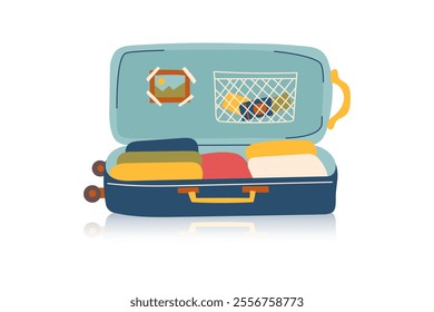 Travel opened suitcase isolated on white. Concept of travel, vacation, business trip. Vector hand drawn illustration in flat style.