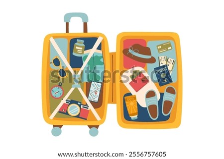 Travel opened suitcase isolated on white. Concept of travel, vacation, business trip. Vector hand drawn top view illustration in flat style.