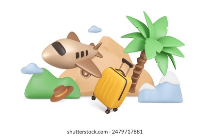 Travel options. 3D Airplane, sandy and snowy mountains, green hills, palm tree, luggage and straw hat. Composition with vacation elements. Tourism variation concept. Vector illustration.