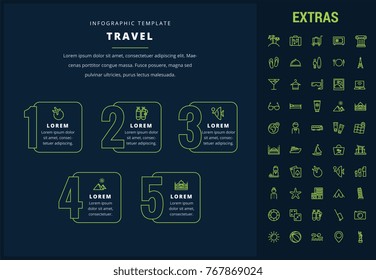 Travel options infographic template, elements and icons. Infograph includes line icon set with tourist attraction, luggage cart, travel planning, holiday vacation, traveler, hotel accommodation etc.