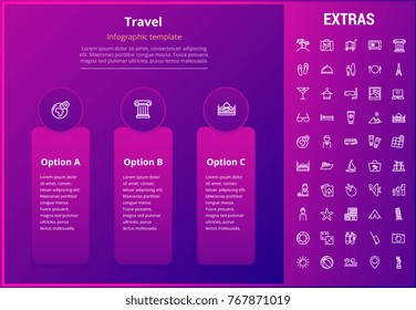 Travel options infographic template, elements and icons. Infograph includes line icon set with tourist attraction, luggage cart, travel planning, holiday vacation, traveler, hotel accommodation etc.