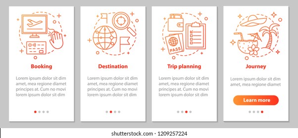 Travel organization onboarding mobile app page screen with linear concepts. Trip planning steps graphic instructions. UX, UI, GUI vector template with illustrations