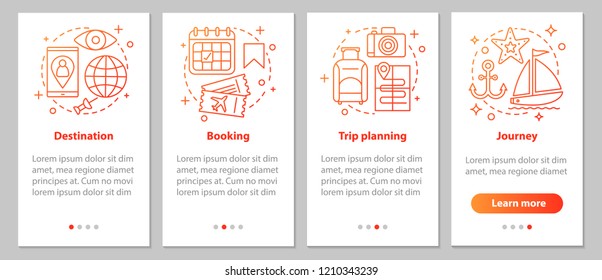 Travel organization onboarding mobile app page screen with linear concepts. Trip planning steps graphic instructions. UX, UI, GUI vector template with illustrations