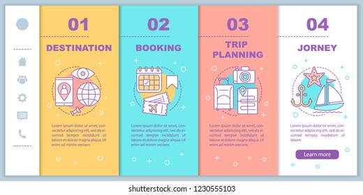 Travel organization onboarding mobile web pages vector template. Trip planning. Vacation. Responsive smartphone website interface idea with linear illustrations. Webpage walkthrough step screens
