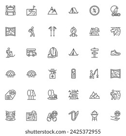 Travel outdoor line icons set. linear style symbols collection, outline signs pack. Camping and hiking vector graphics. Set includes icons as camping tent, backpacker, traveler, hiker, wildlife, trail