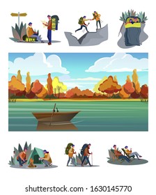 Travel outdoors set. Couple of tourists trekking, hiking, camping, autumn landscape. Flat vector illustrations. Adventure tourism, nature, fall concept for banner, website design or landing web page